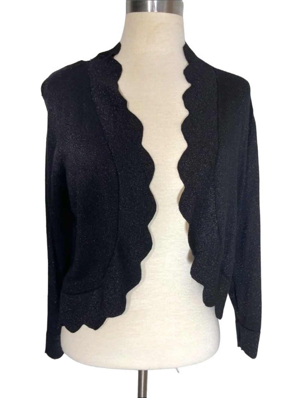 Perceptions Scalloped Black Shimmer Knit Open Front Shrug Cardigan XL